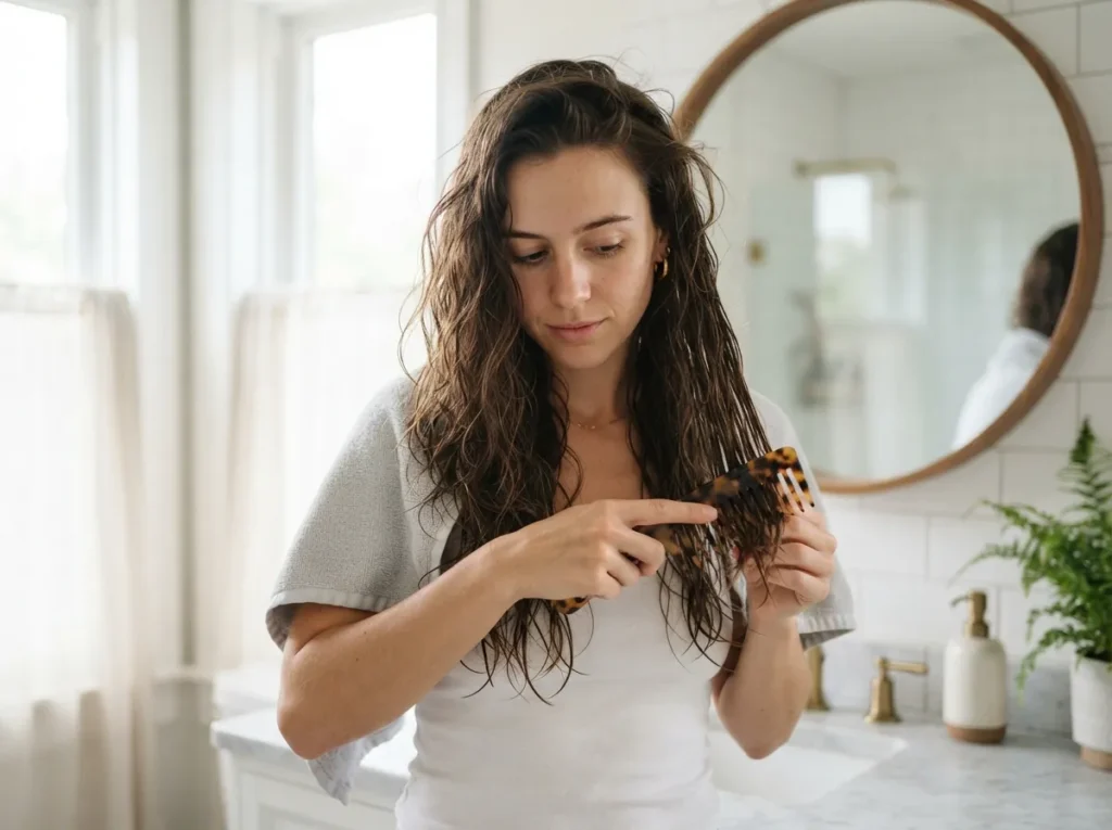 Woman_combing_damp_hair