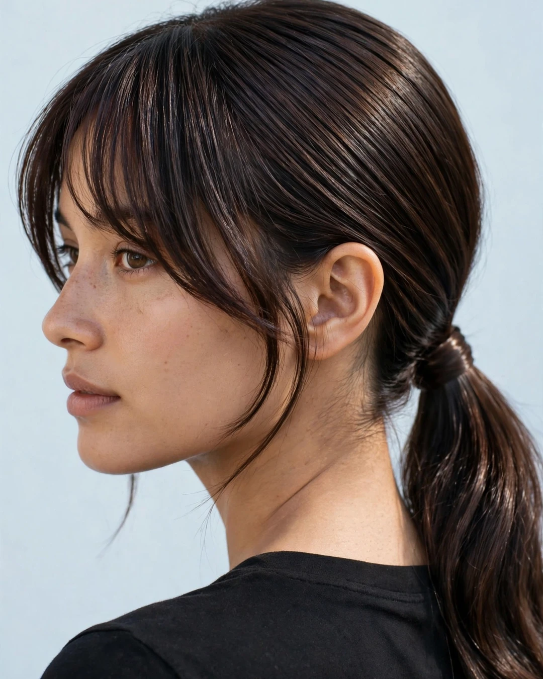 Curtain Bangs with a Low Ponytail