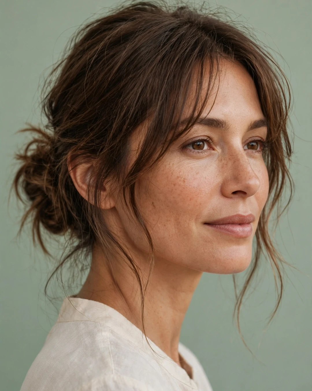 Curtain Bangs with a Messy Low Bun