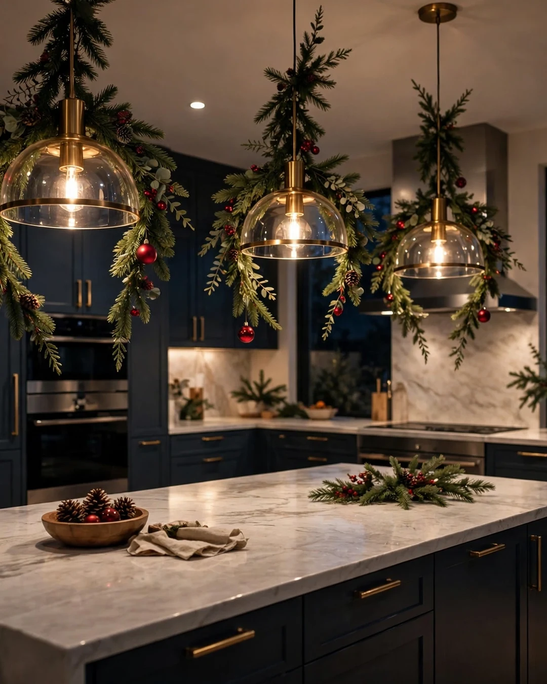 Christmas Kitchen Decor Pendant Lights Wrapped in Greenery