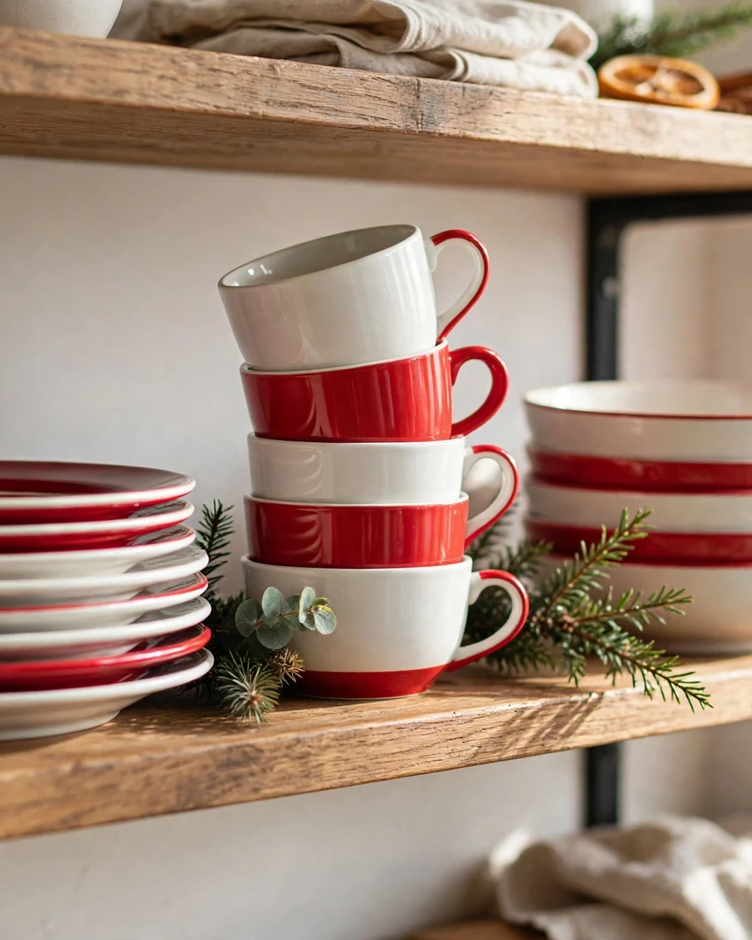 Style Open Shelves With Red and White Dishes