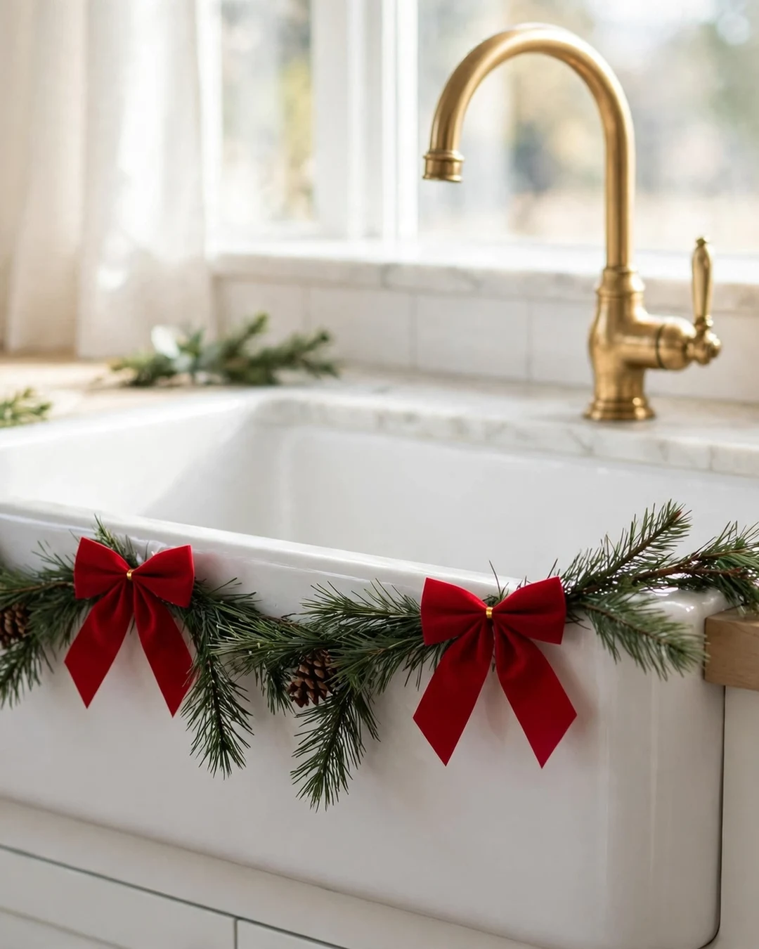 Trim the Farmhouse Sink With Garland and Bows