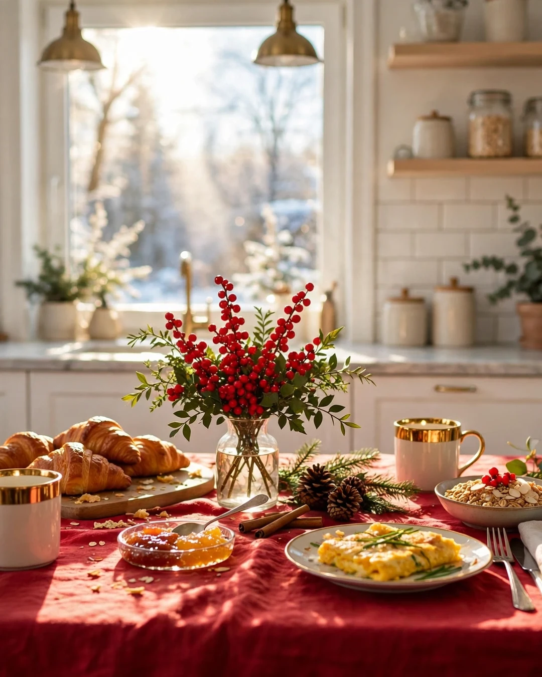 A Christmas Kitchen Decor Breakfast Table in Red and Gold