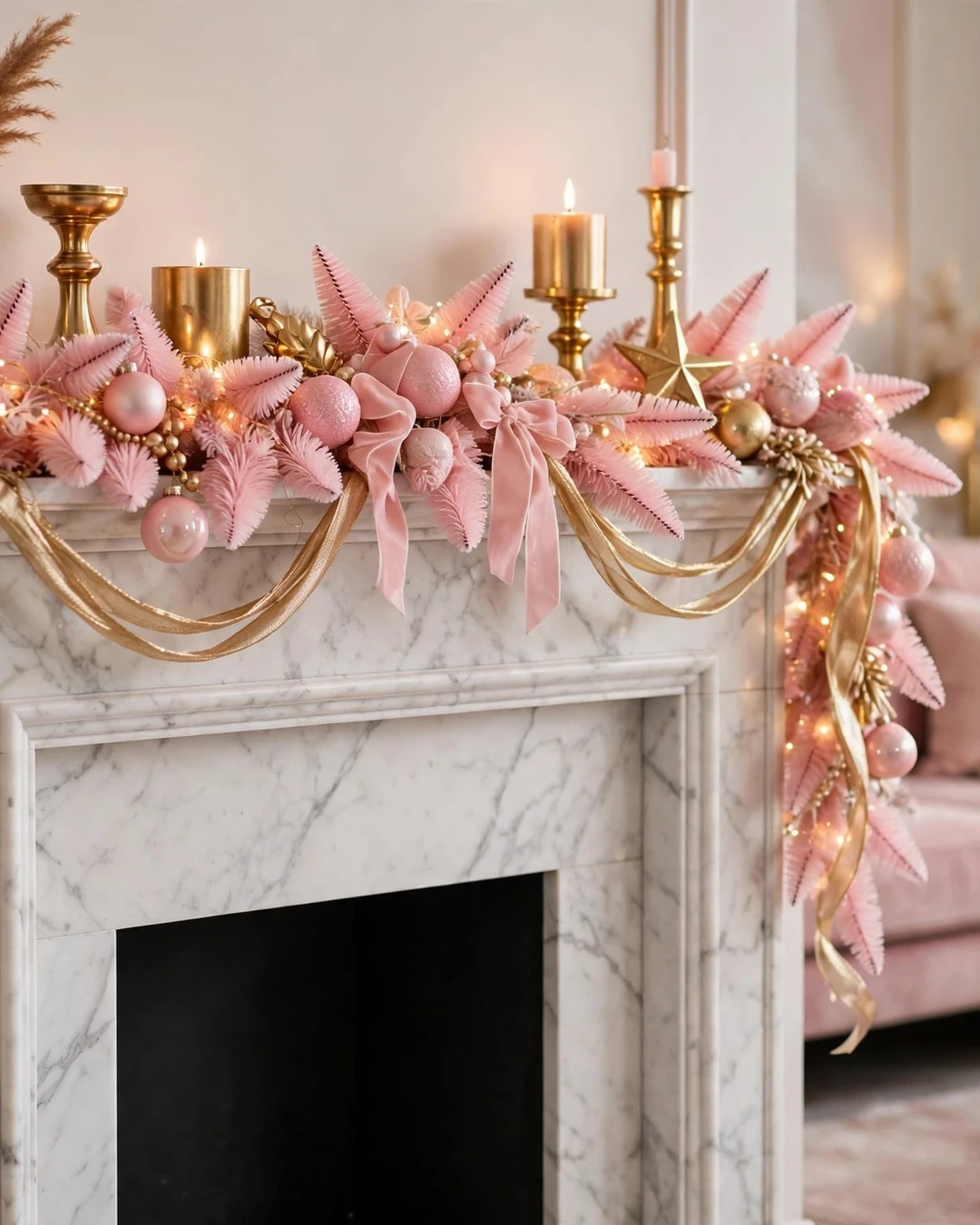 Pink and Gold Christmas Mantel Decor