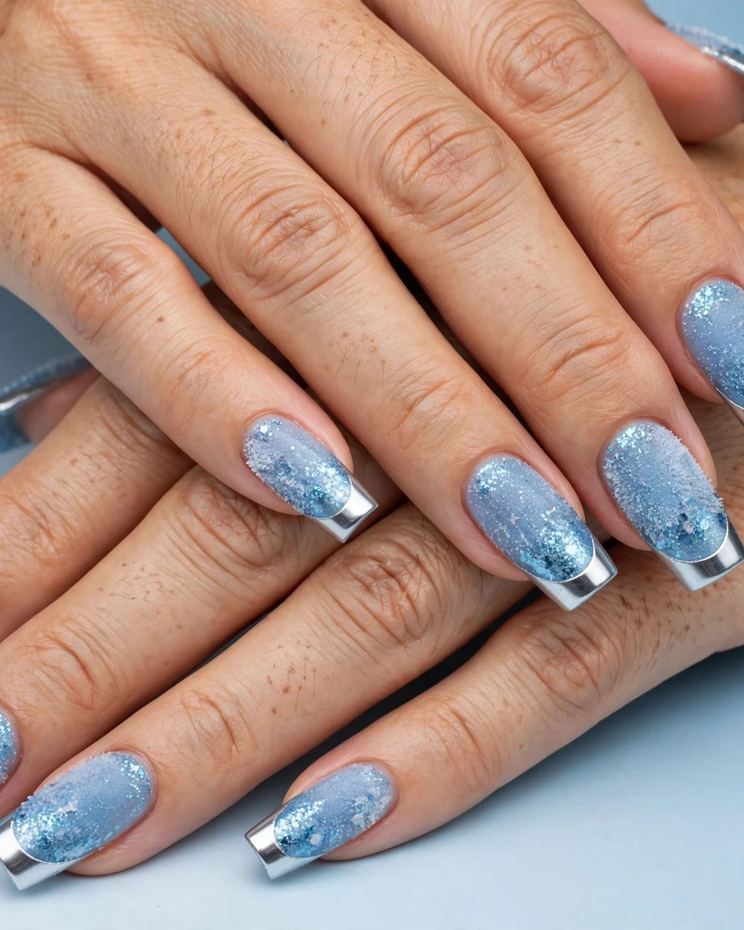 Icy Blue and Silver Frost Christmas Nails