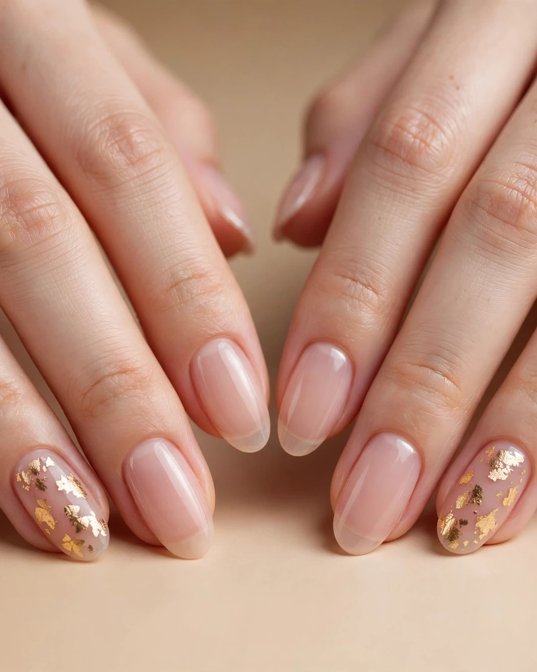 Nude with Gold Foil Christmas Nails