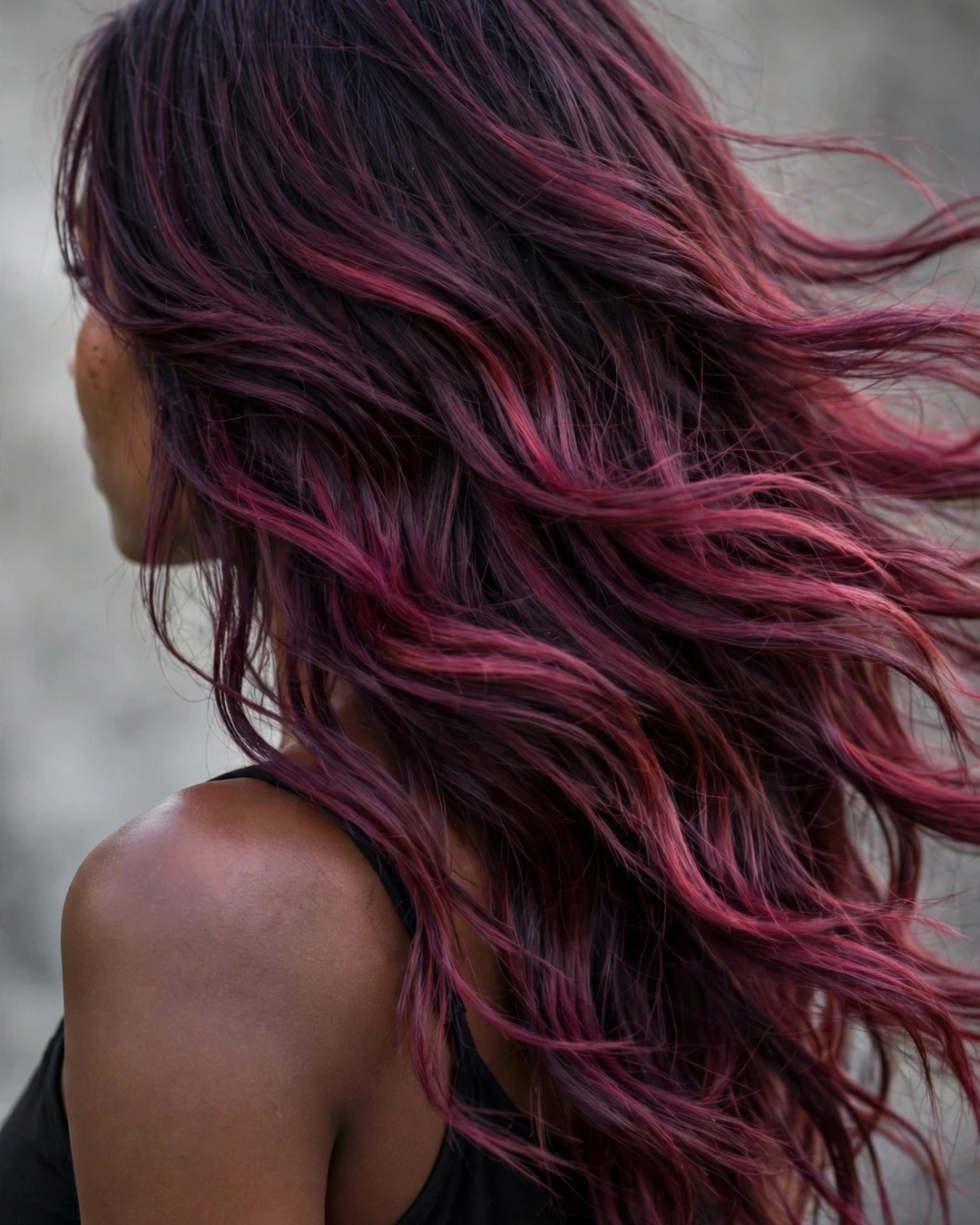 Dark Plum Balayage on Long Layers