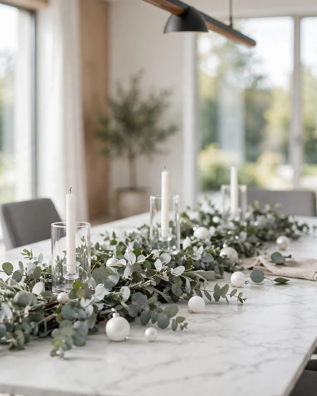 Modern Christmas Dining Table Decor with Eucalyptus