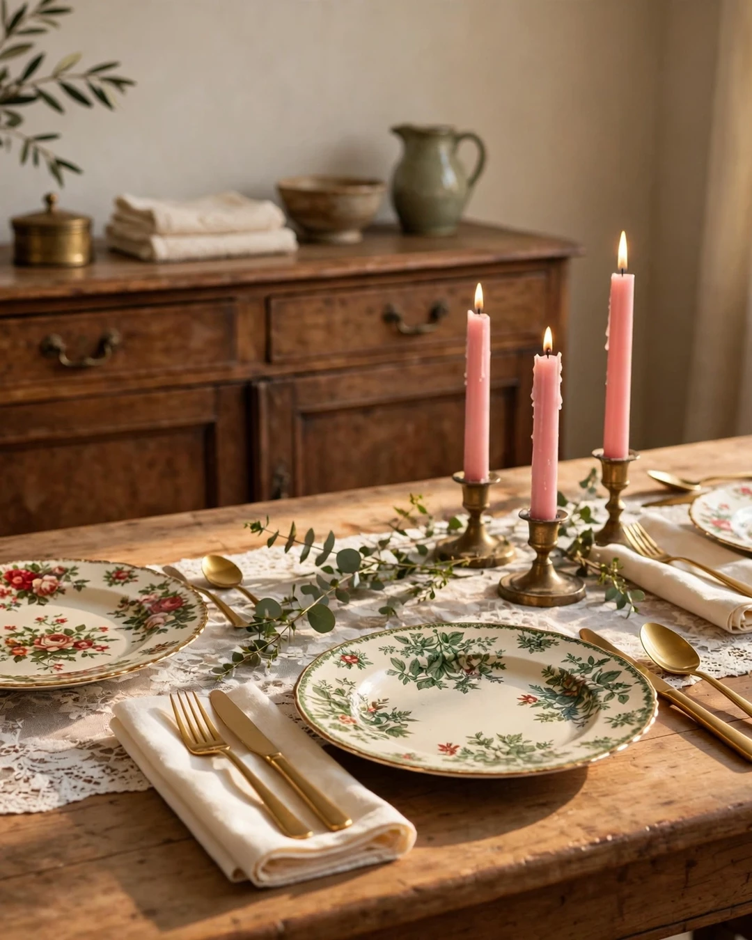 Vintage Christmas Dining Table Decor with Mismatched China