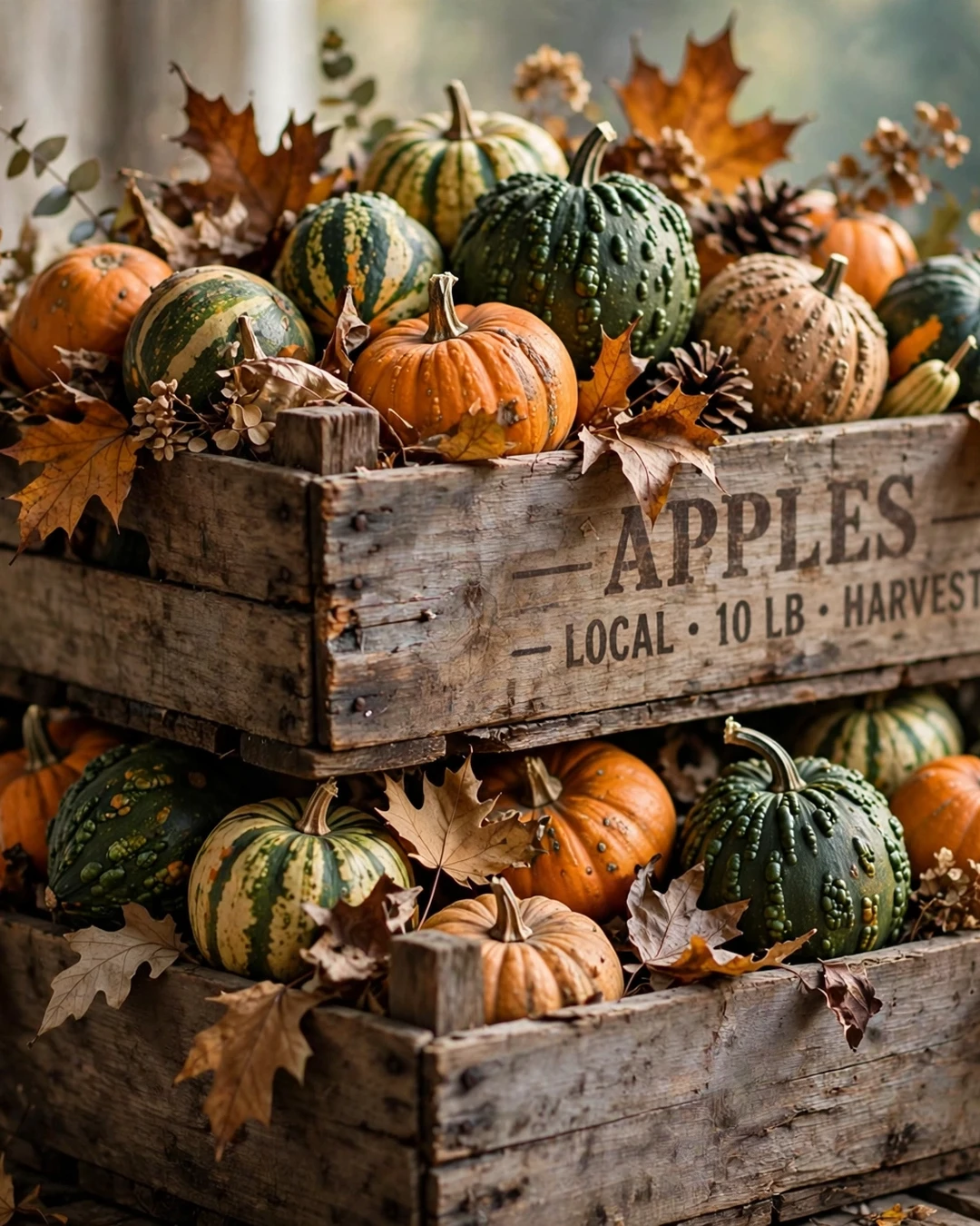 Fill Apple Crates With Gourds and Leaves
