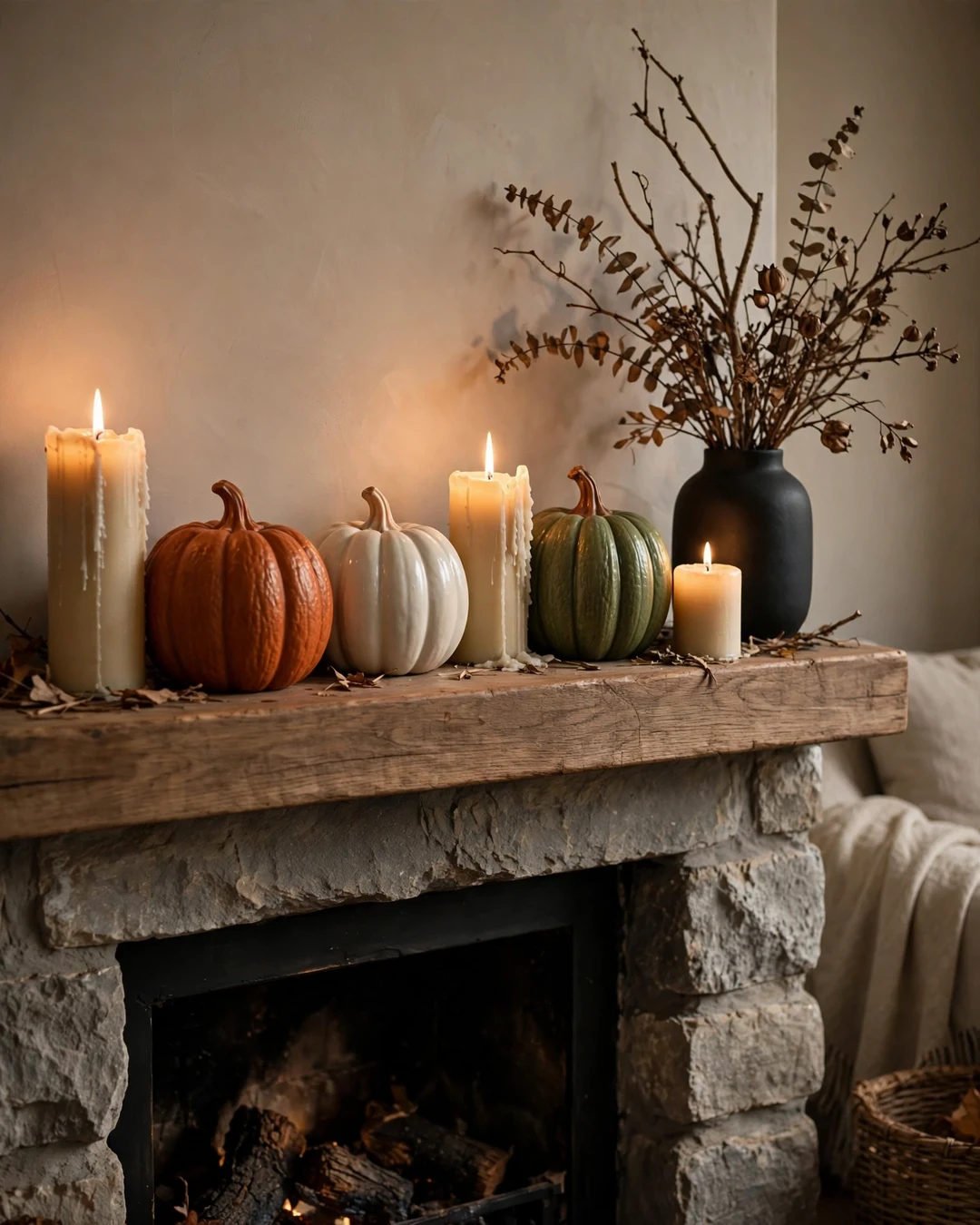 Ceramic Pumpkins and Candlelight on the Mantel