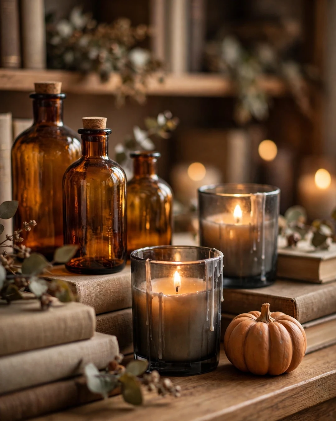 Amber Glass Bottles and Smoked-Glass Candleholders