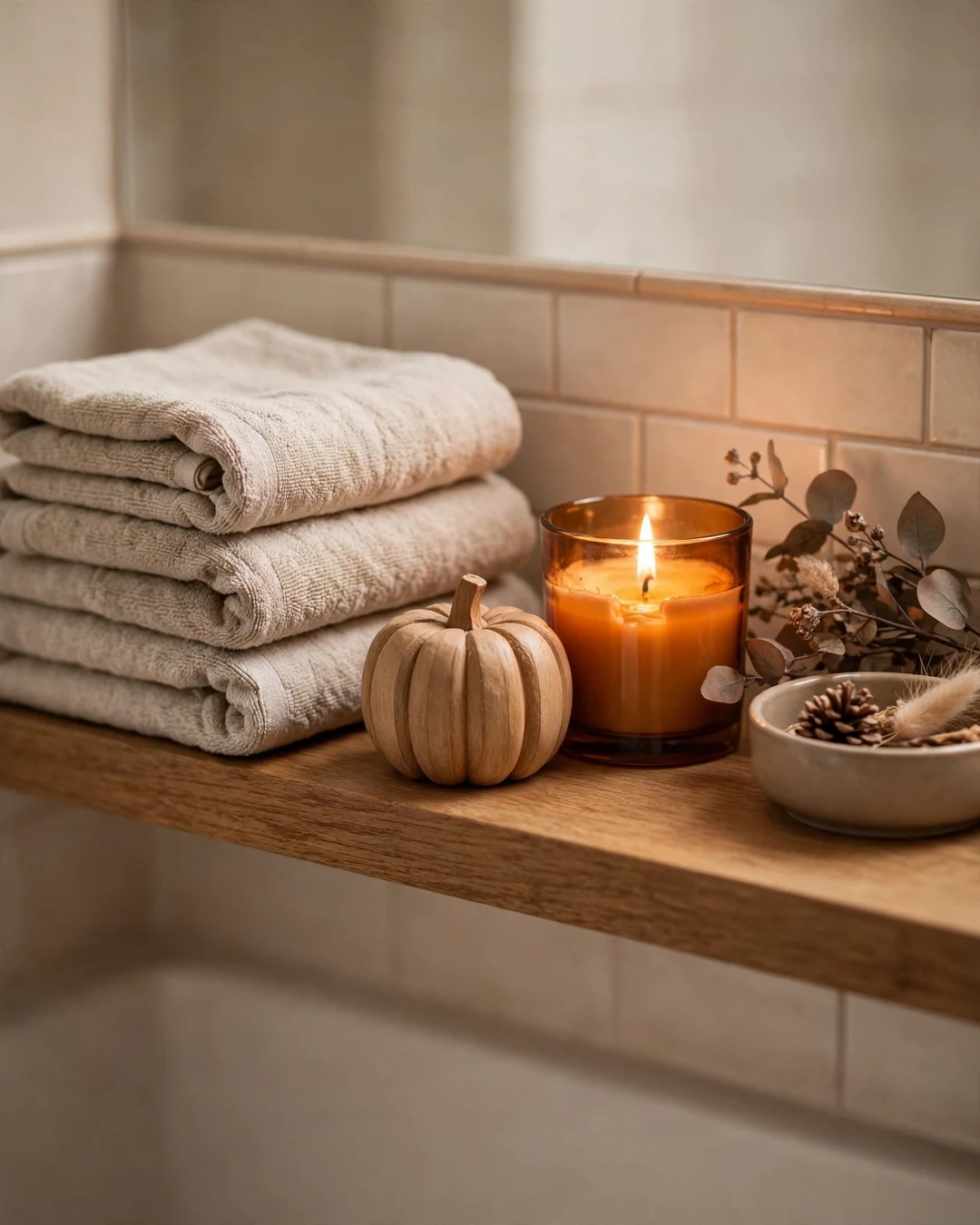One Wooden Pumpkin on the Bathroom Shelf