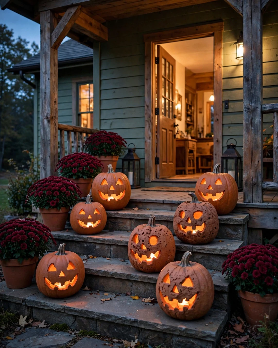 Terracotta Jack-o'-Lanterns on the Front Porch