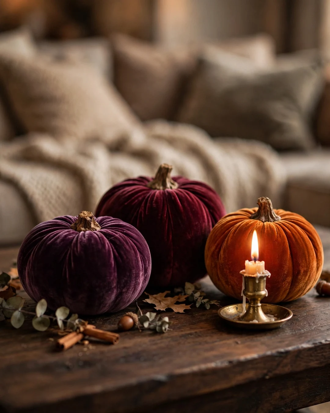 Jewel-Tone Velvet Pumpkins on the Coffee Table