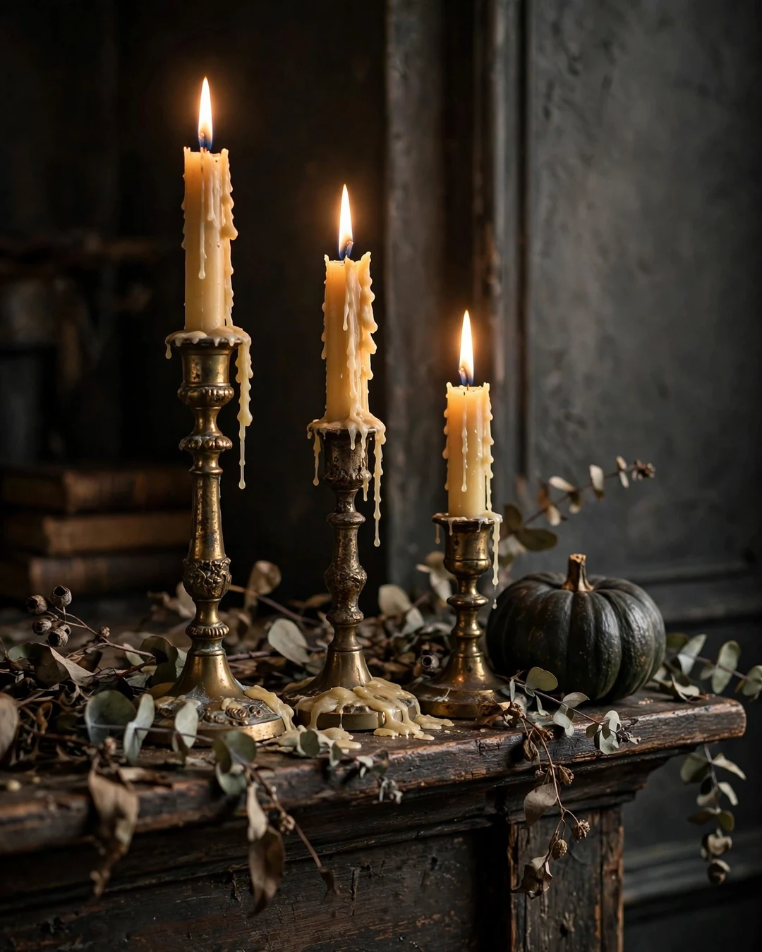 Antique Brass Candlesticks With Dripping Tapers