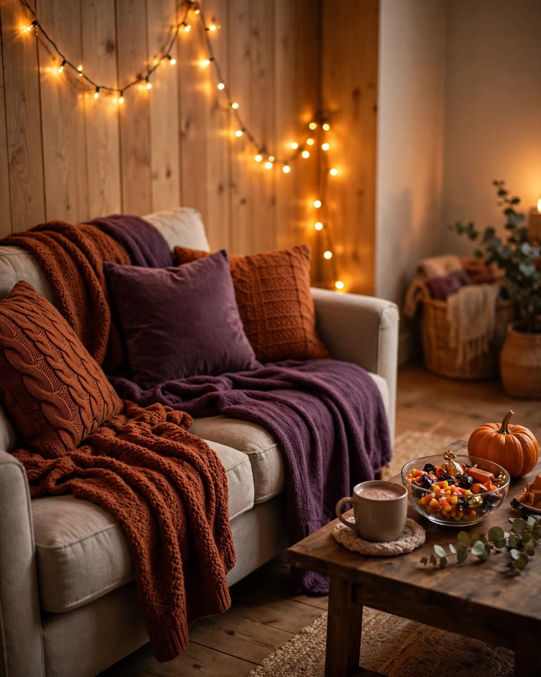 A Movie-Night Corner With Blankets and String Lights