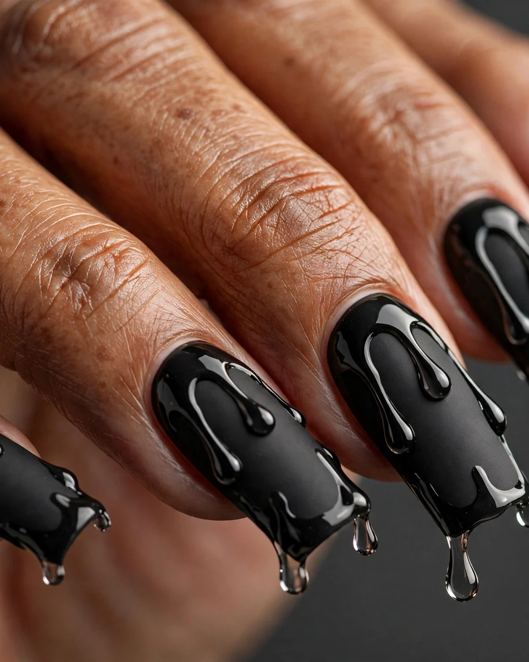Matte Black Drip Texture Nails