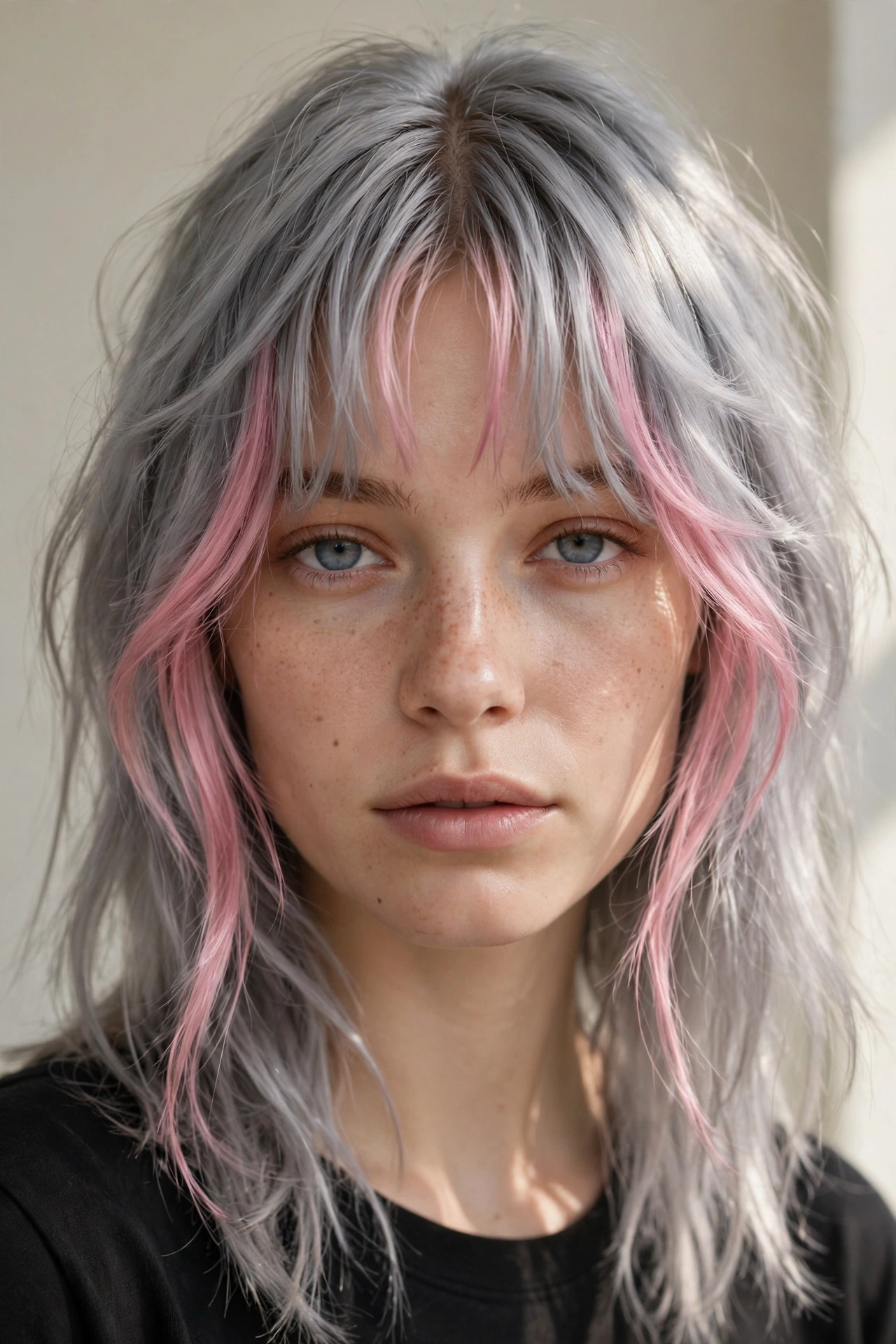 Silver Curtain Bangs With Pink Face-Framing Pieces