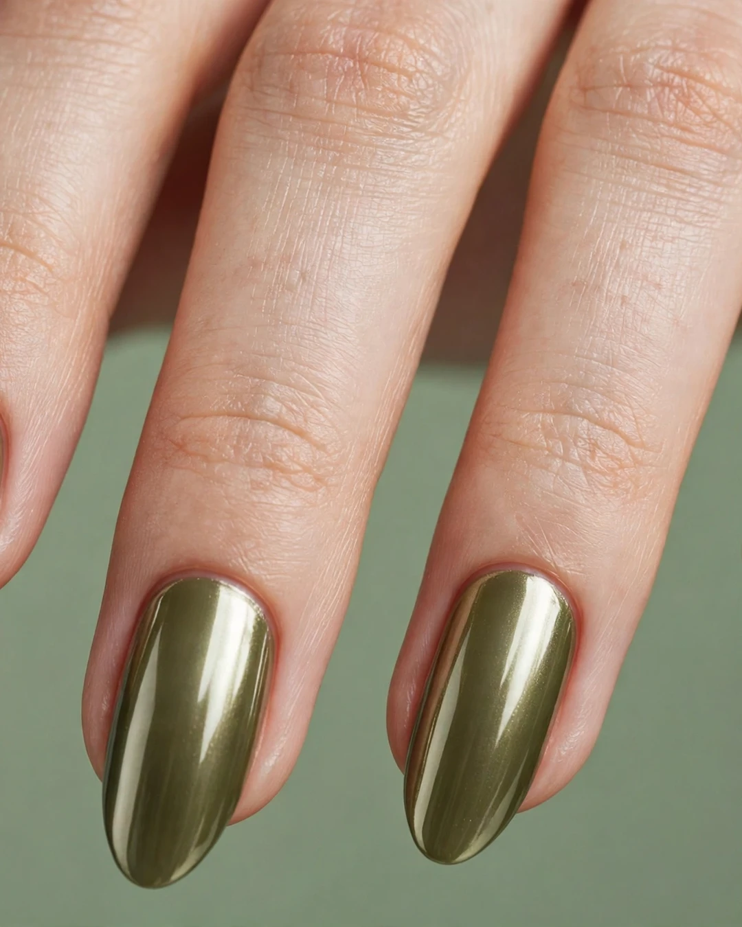 Almond-Shaped Olive Chrome Nails