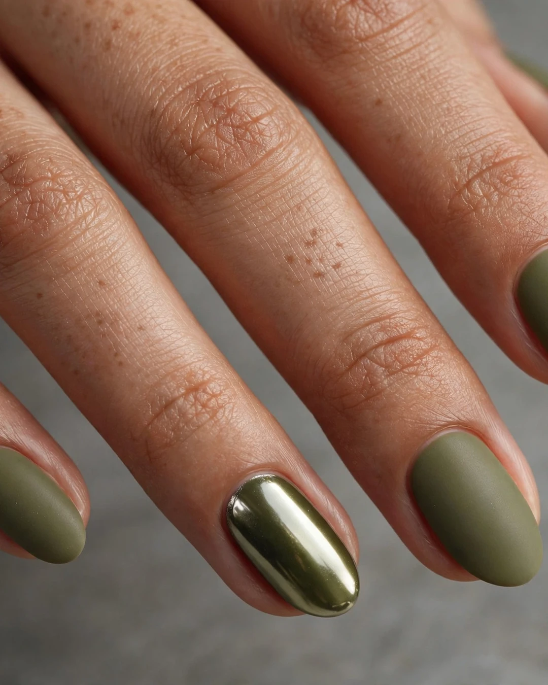 Matte Olive with One Chrome Accent Nail