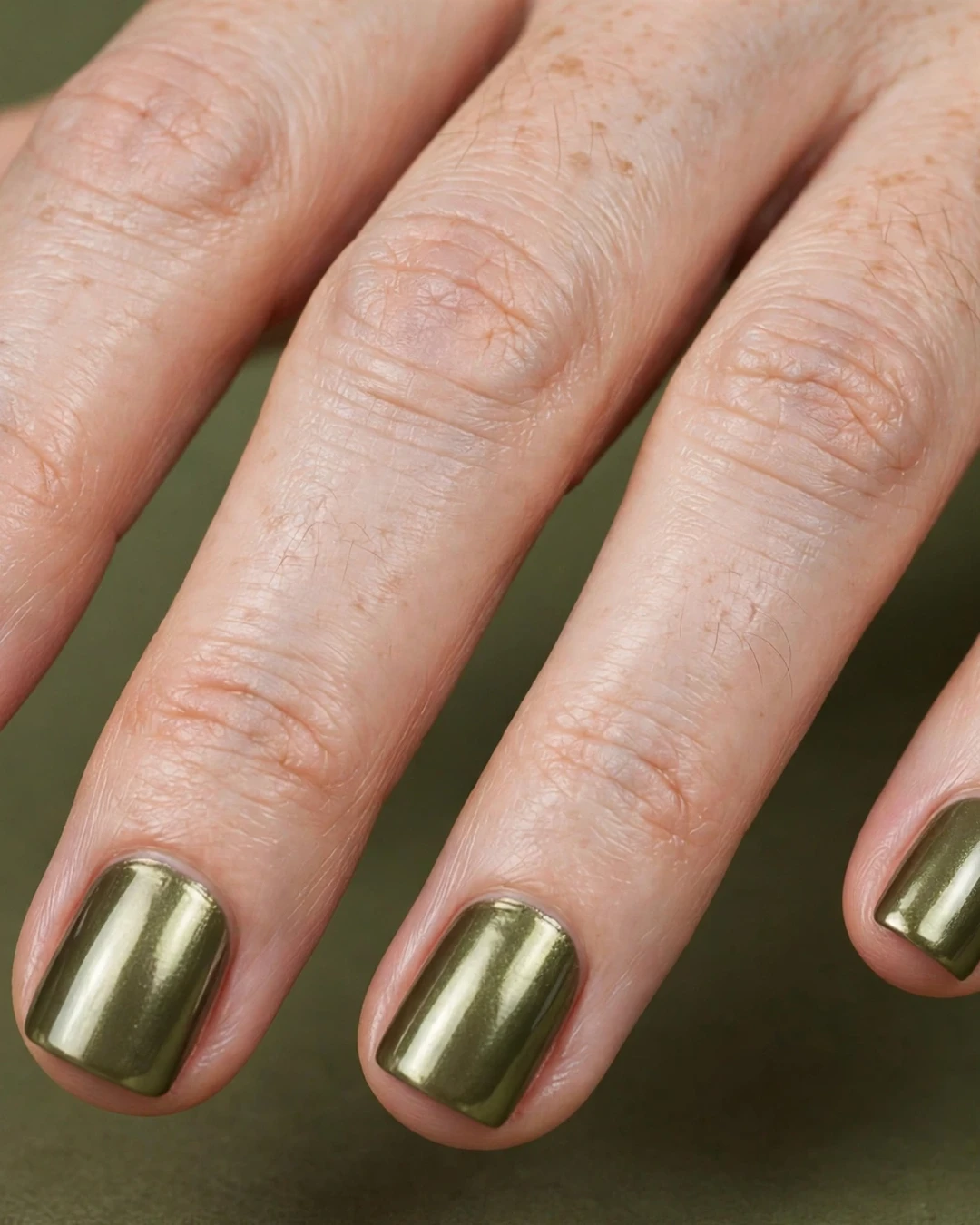 Short Square Olive Chrome Nails