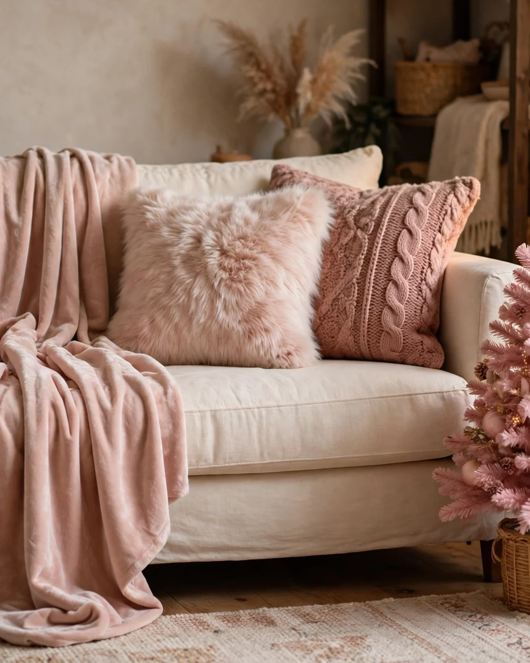 Pink Throw Pillows and Velvet Blanket
