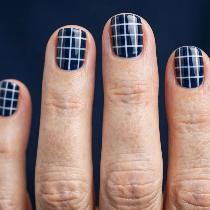 Navy and White Windowpane Plaid Nail Ideas