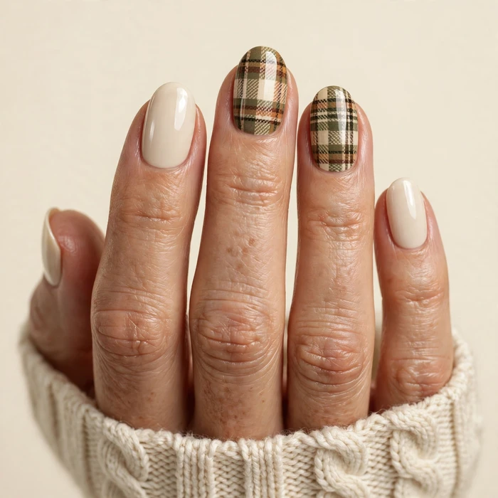 Cream Knit with Plaid Accent Nails
