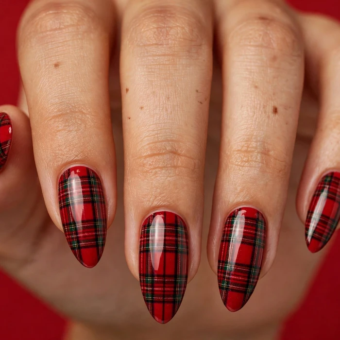 Almond Red Tartan Plaid Nail Ideas
