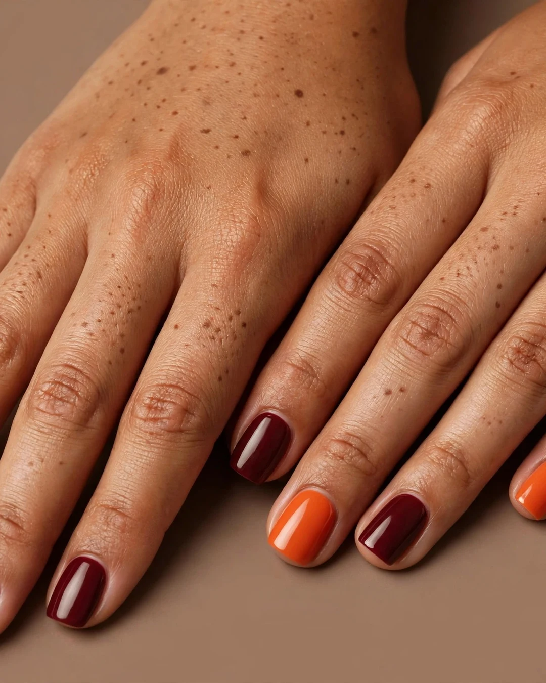 Burgundy and Pumpkin Color Block Nails