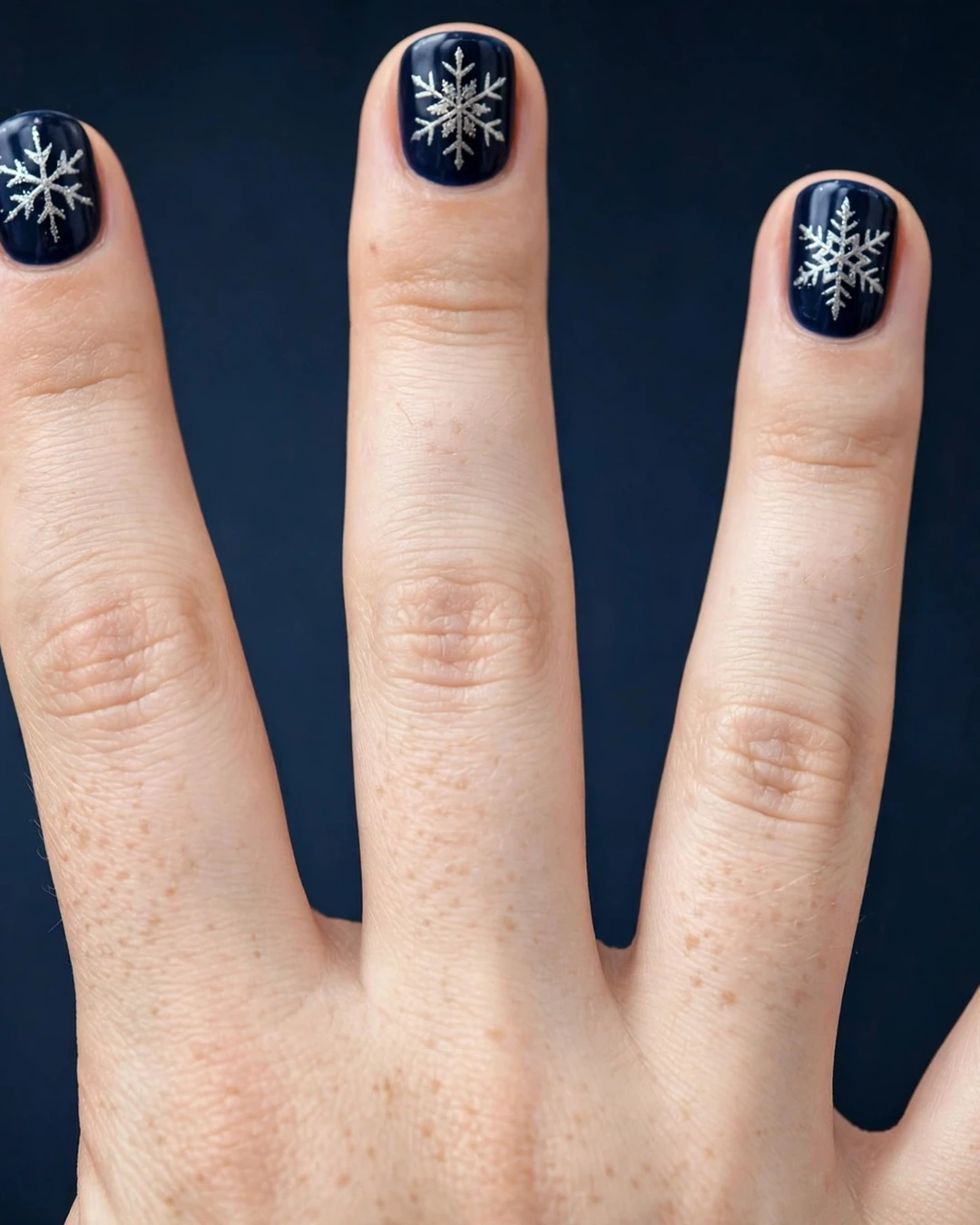Midnight Blue and Silver Snowflake Nails