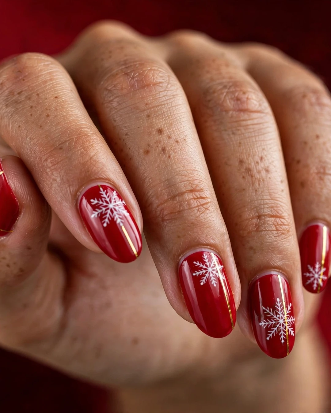 Red and White Holiday Snowflake Nails