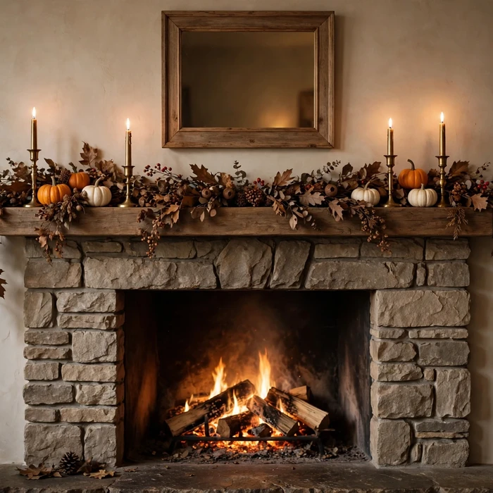 Thanksgiving Living Room Fireplace Mantel with a Harvest Garland