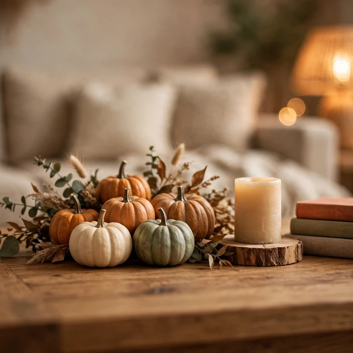 Pumpkin and Candle Coffee Table Display
