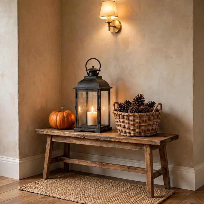 Lantern and Pinecone Entry Display