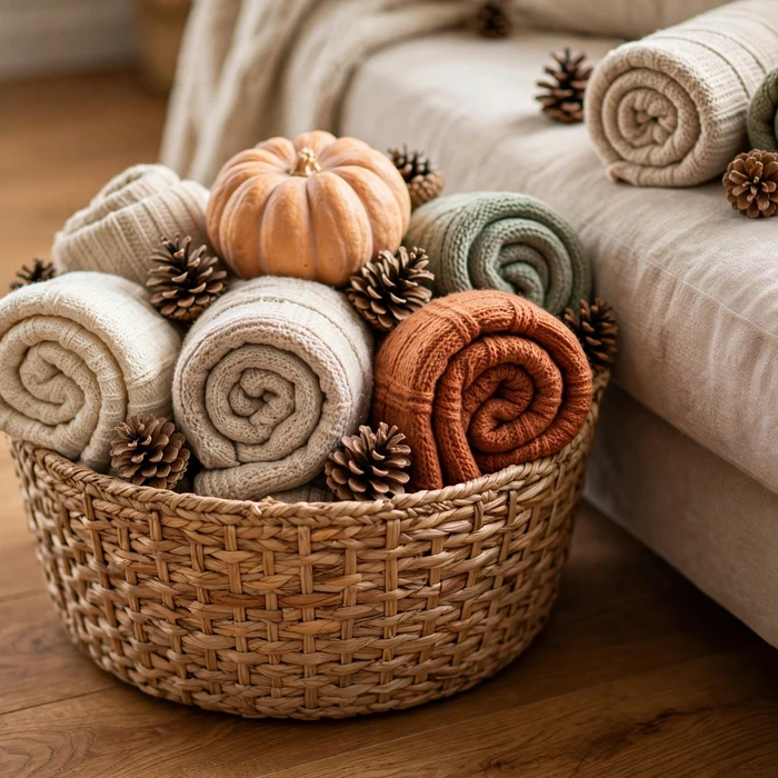 Basket Storage for Throws and Pinecones