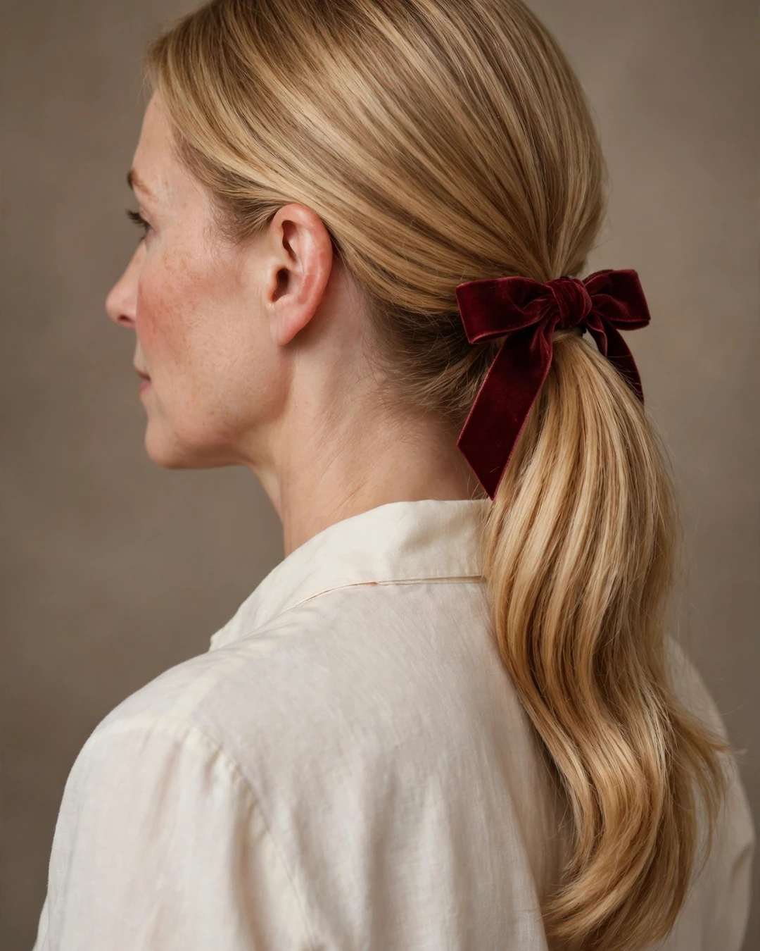 Low Ponytail Tied with Velvet Ribbon